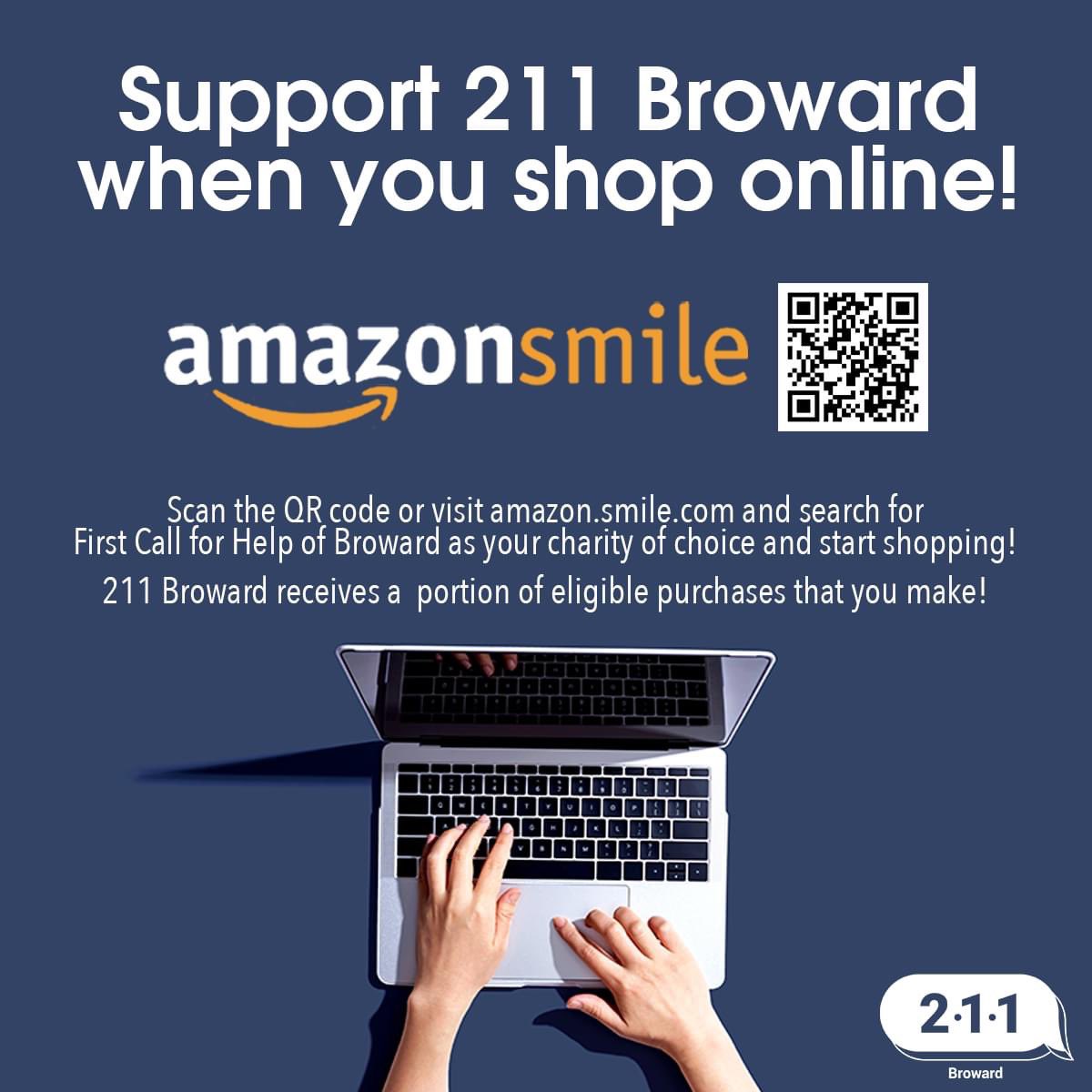 211Broward's tweet photo. DYK you can support us by shopping w/@amazonsmile ? Go to Amazon Smile, log into your Amazon account, search for us “First Call For Help of Broward”, select &amp; shop! We receive a portion of purchases from @amazon Thanks! #downloadamazonsmileapp #shopandgiveback #Gratitude https://t.co/vpFuCadaX1