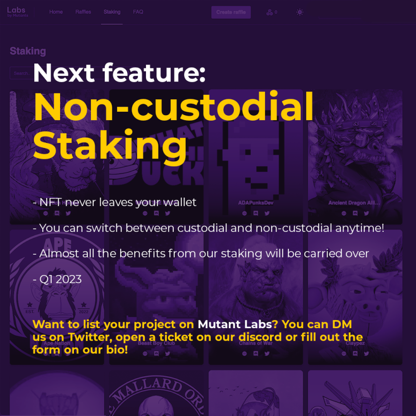 MutantNFTs's tweet photo. 🚨ANNOUNCEMENT🚨

A new feature, highly requested by the #CNFT community, is almost done 👀

Announcing non-custodial staking, soon you will be given the option to remove your NFTs from our SC and still earn rewards!

https://t.co/Bx8BOpOHJ4

#CardanoNFT #CardanoADA #CNFTs https://t.co/kt1R9IrFWa