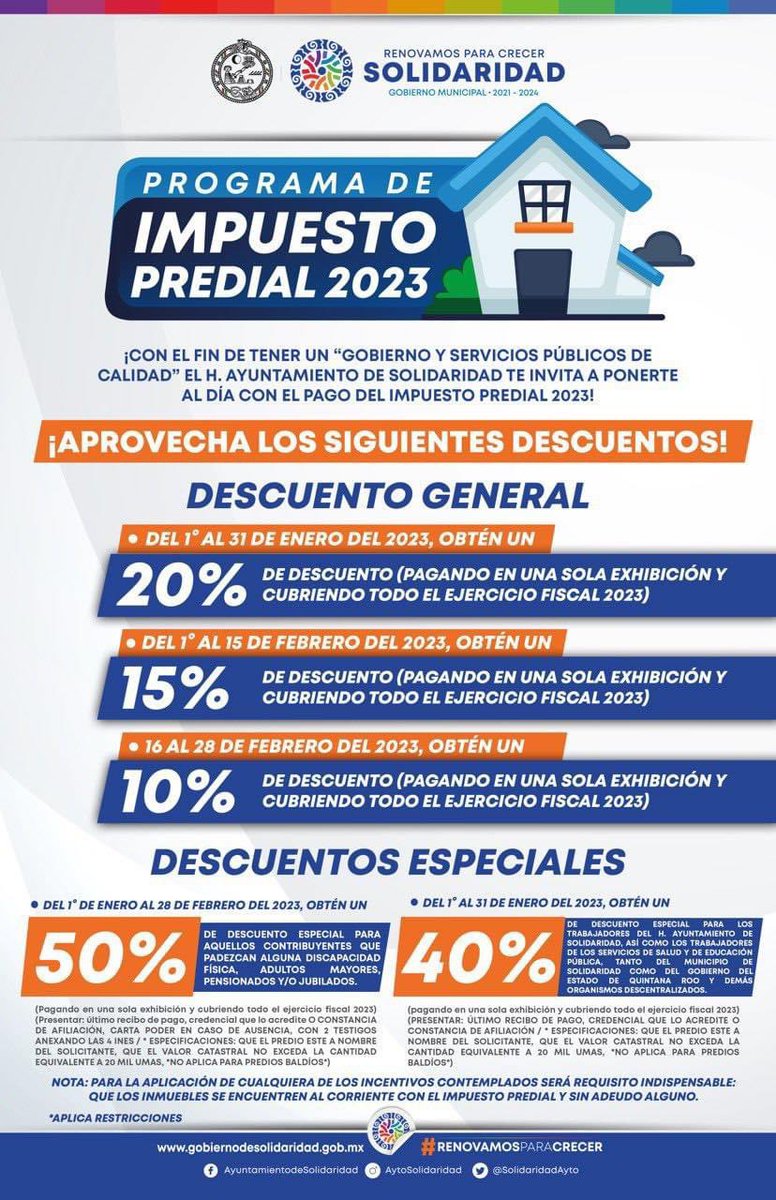 TwittPlaya's tweet photo. Te comparto los descuentos del 10%, 15% y 20% en el pago del predial 2023 durante enero y febrero! Desde las 9:00 a.m. a 5:00 p.m. #PlayadelCarmen #PuertoAventuras https://t.co/0ve2xpnA8B