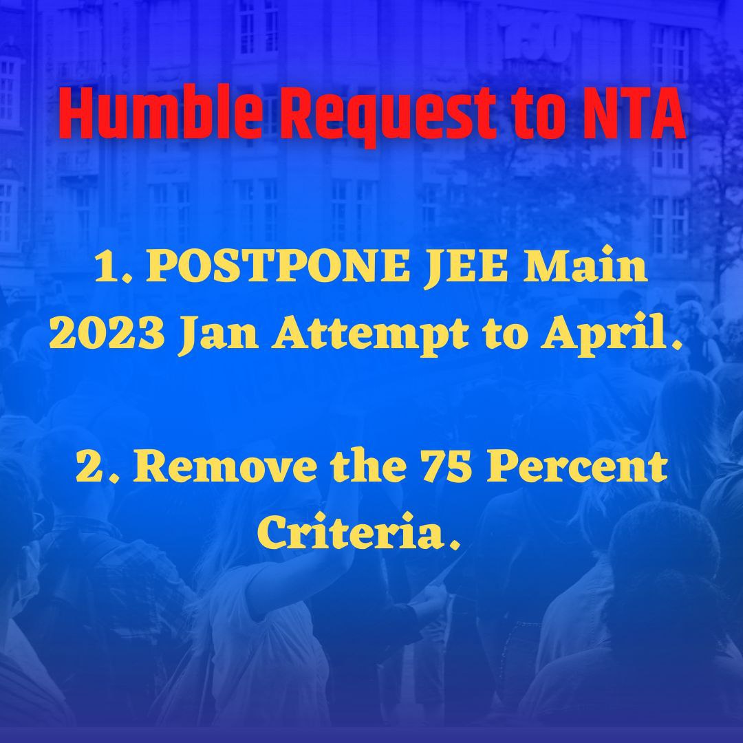 DrAsh_Mahendra's tweet photo. Humble Request to the @DG_NTA and  @dpradhanbjp @narendramodi
@PMOIndia Postpone #JEEMains2023 Session-1 till April

Remove 75% Criteria for droppers 
#JEEMainsInAprilWithout75PercentCriteria https://t.co/u54jVCDWV5