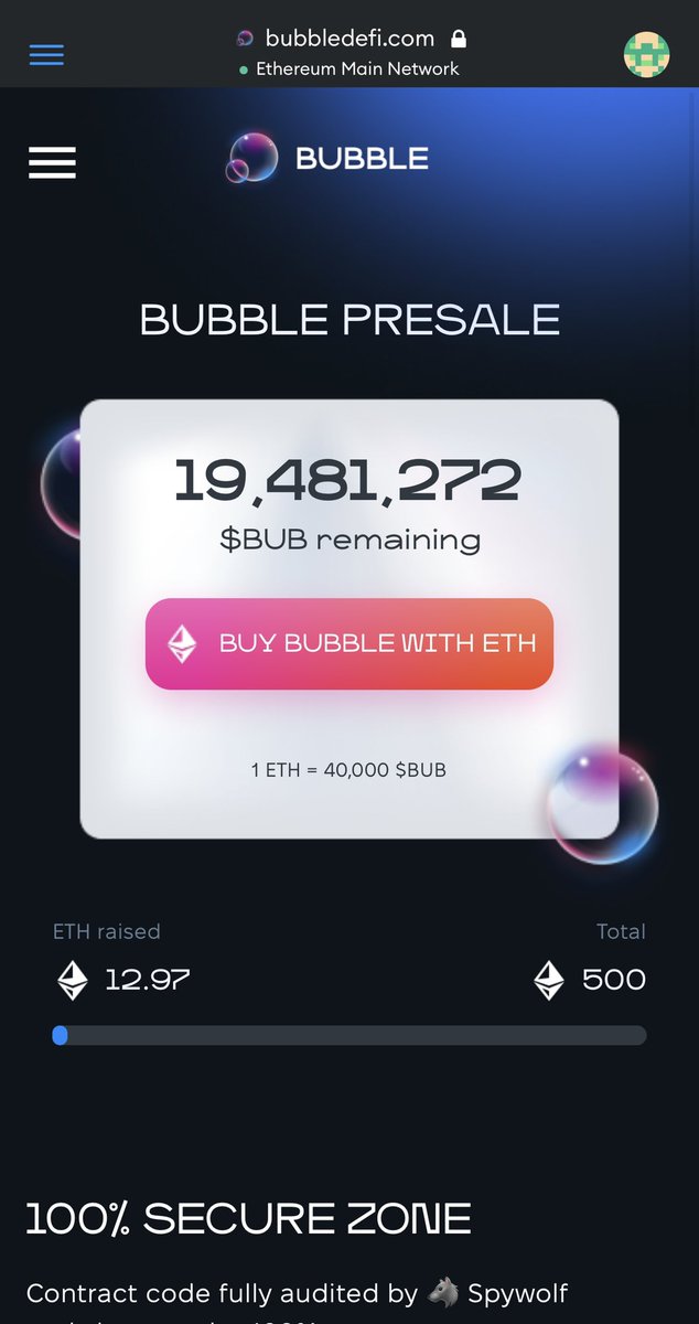 BraverCrypto's tweet photo. The @Bubble_DeFi presale is live!
Check it out here: https://t.co/RT1QdmGNpp
The project looks nice & is fully audited. White paper is solid & I like the work that has been put into the project so far
#crypto #100x #1000x #Presale #BubbleDeFi #defi #DEX #btc #ETH #BNB #Ethereum https://t.co/iNDUkZ85HN