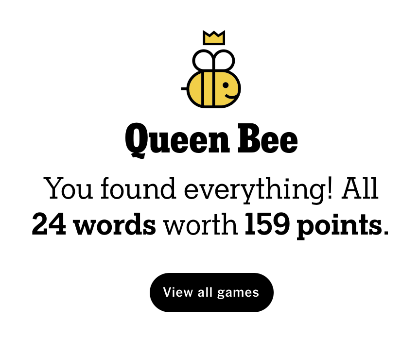 ThinkingFast21's tweet photo. Mon: Nice little🐝👑(with help of my word list). I think there's a newly allowed C5 (?) - can any old-timer #hivemind cat confirm? #nytspellingbee #spellingbee #nytsb https://t.co/RTd3WE5fMU