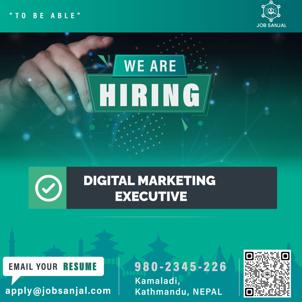 We are Hiring 
'DIGITAL MARKETERS' 
Simply Drop your CV to 
apply@jobsanjal.com
#digitalmarketing #DigitalMarketingJob #jobsinepal #jobsanjal #jobsnow