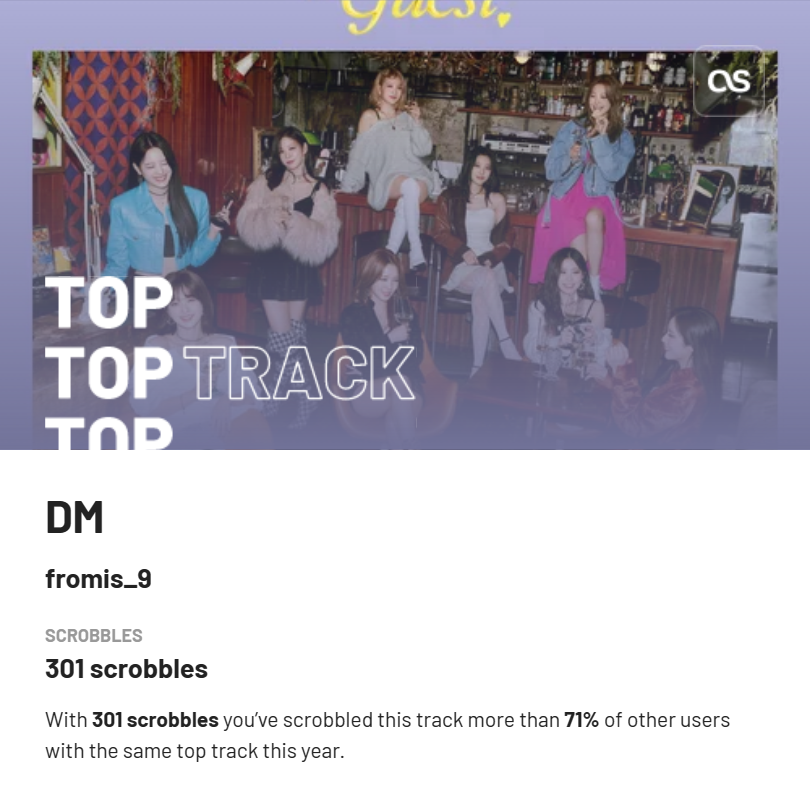 riebhas's tweet photo. My top track Last.year was DM by @realfromis_9 with 301 scrobbles. #myyearcounted with @Lastfm. View my stats at https://t.co/TzpkCUaPre? https://t.co/Oq8ys9lV4q