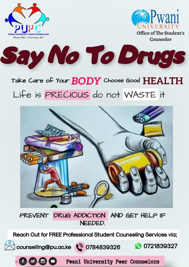Say No To Drug Abuse. Life is Precious do not waste it.Reach of for counseling if need be to overcome the drug addiction.
Take good care of yourself by making healthy choices.
#ReachOutAlisteningEar.
<a href="/HonMbetsa/">Flora Mbetsa Chibule</a>
<a href="/PU_Kilifi/">Pwani University</a> 
<a href="/kilifi_youth/">Kilifi County Youth Advisory Council</a> 
<a href="/KilifiG/">KILIFI MUMS C.B.O</a> 
<a href="/003CountyGender/">Kilifi County Department of Gender</a>