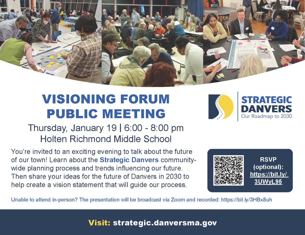 Save the Date! Join us on January 19 from 6:00 - 8:00 PM for a Visioning Forum for #StrategicDanvers.

Can't attend in person? There is an interactive online component that you can participate in!

Registration is optional, ow.ly/COnR50Mf4LE