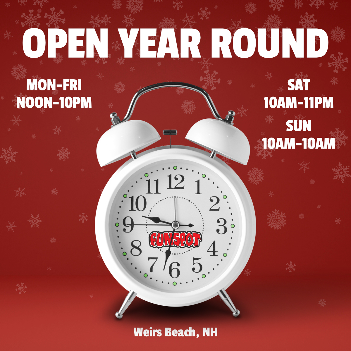 funspotnh's tweet photo. The holidays are over, but we're open year-round, so you can continue to have FUN! π
MON-FRI: Noon-10PM β’ SAT: 10AM-11PM β’ SUN: 10AM-10PM
#funspotnh #largestarcadeintheworld #openyearround https://t.co/82giwmYAjG