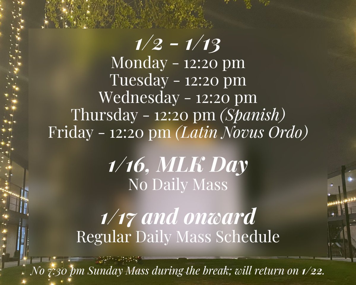 CeltCampusMin's tweet photo. We hope everyone had a blessed Christmas and New Year's Day! Here is the Chapel of St. Basil Mass schedule to kick off the 2023 year!🎆

1/2 - 1/13 - ONLY 12:20 pm Mas
1/16, MLK Day - No Daily Mass
1/17 and onward - Regular Daily Mass Schedule https://t.co/CqoX10SeYq