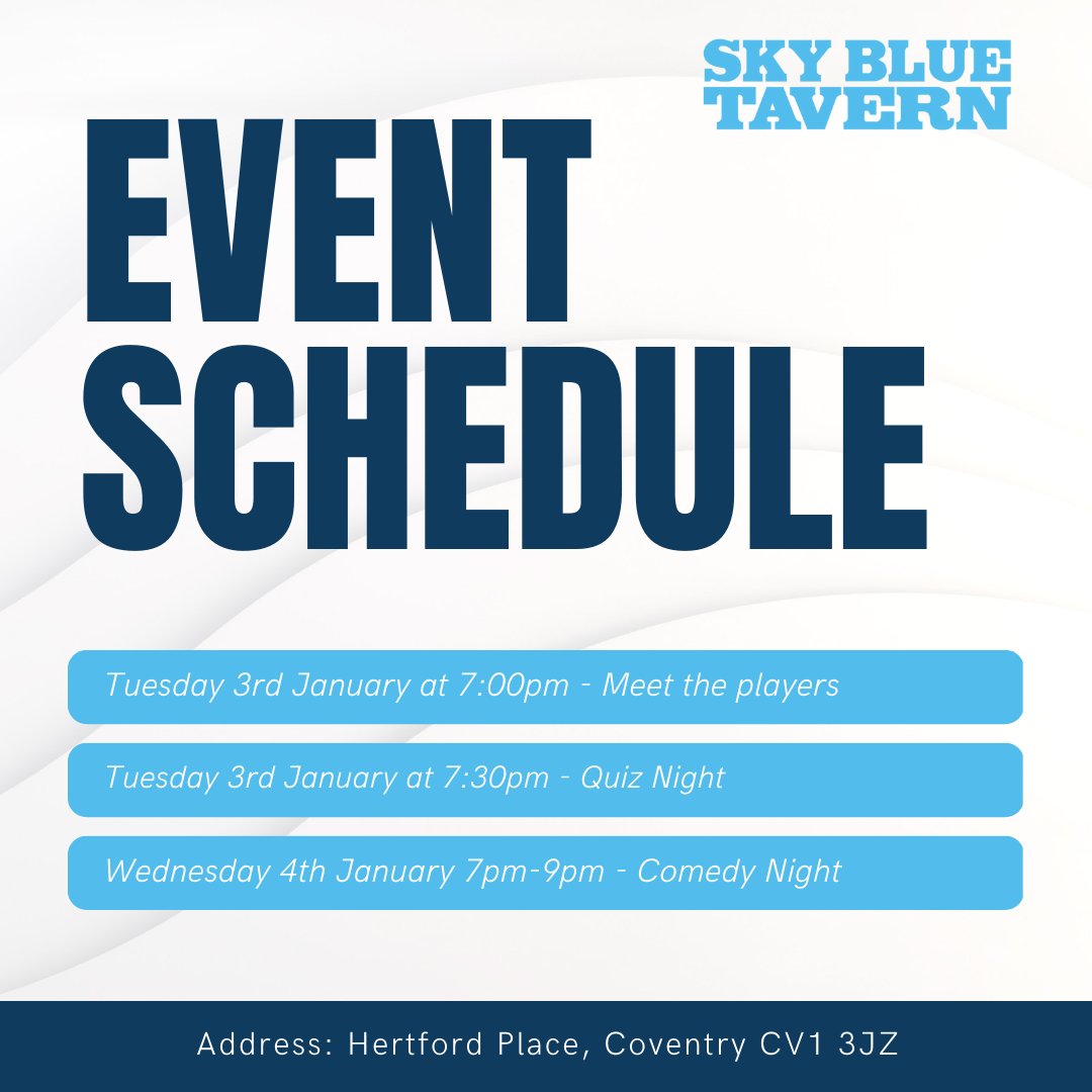 SkyBlueTavernPH's tweet photo. We're hosting a range of events and activities this week! Take a look at this week's event schedule ➡️
#Coventry #SkyBlueTavern #DhillonsSpireBar #QuizNight #Quiz #Comedy #Matchday #BottomlessSupper #Indianfood #beer #CCFC #PUSB #Coventry #Meettheplayers https://t.co/WHTQDyA6wx