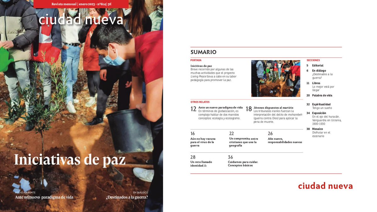 CiudadNuevaES's tweet photo. Con el año nuevo, llega también #RevistaCiudadNueva. Iniciativas de #paz. 
Y como siempre, un contenido muy variado: #livingpeace #medioambiente #souc #guerra #paz #identidad #arte #cuidados #mosaico #testimonios #generación3 #ChiaraLubich  
El sumario en la foto 👇 https://t.co/nlP6iFIfEV