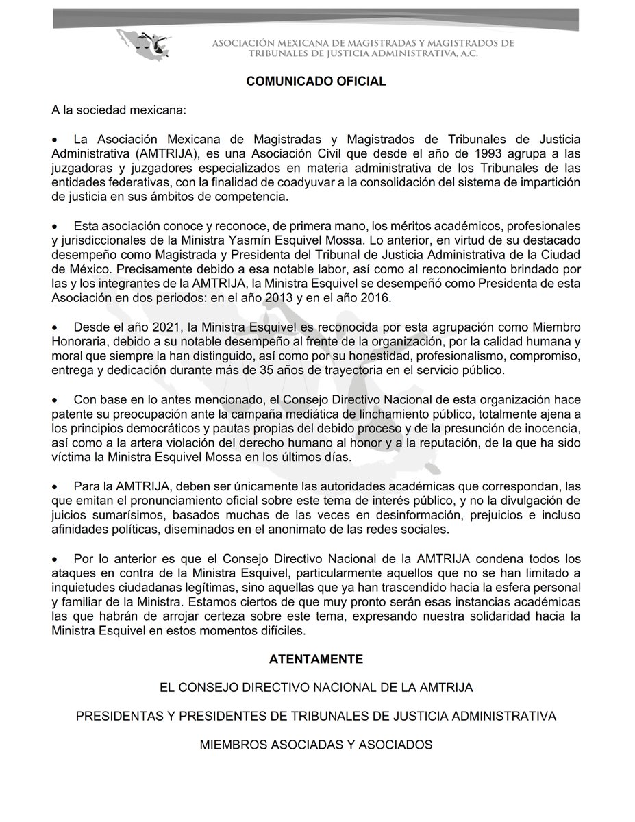 AMTRIJA's tweet photo. 👉COMUNICADO OFICIAL de la AMTRIJA, en respaldo y solidaridad hacia la Ministra Yasmín Esquivel Mossa @YasminEsquivel_  

@El_Universal_Mx  @apontedavid @carlosbenavides https://t.co/UxJZFIeieB