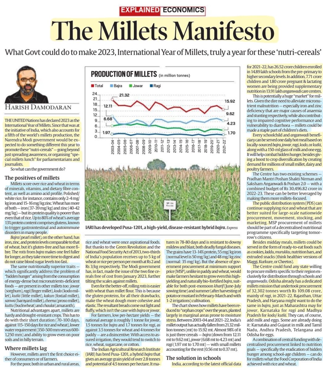 'The Millets Manifesto'

Details:Details of Cereals, Nutrition,it's positives,why it lags behind,Solution fr its increased adoption &
More info..

#Millets  #internationalyearofmillets2023 #nutrition #schools #Food 

#upscprelims #UPSC 
#agriculture #economy 

Source: IE