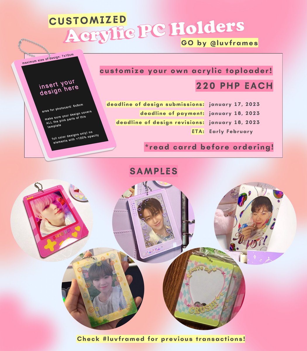 luvframes's tweet photo. ୨❀୧ wts lfb go preorder #luvframessale

customize your own acrylic pc holder with @luvframes 🌸
ꕤ 220 each
ꕤ doo: 01/16
ꕤ dop: 01/18
ꕤ eta: 2-3 weeks after dop

order form: https://t.co/06fEMhM04R

read https://t.co/s3IWFSMcey before ordering! https://t.co/Hfzio0UWhu