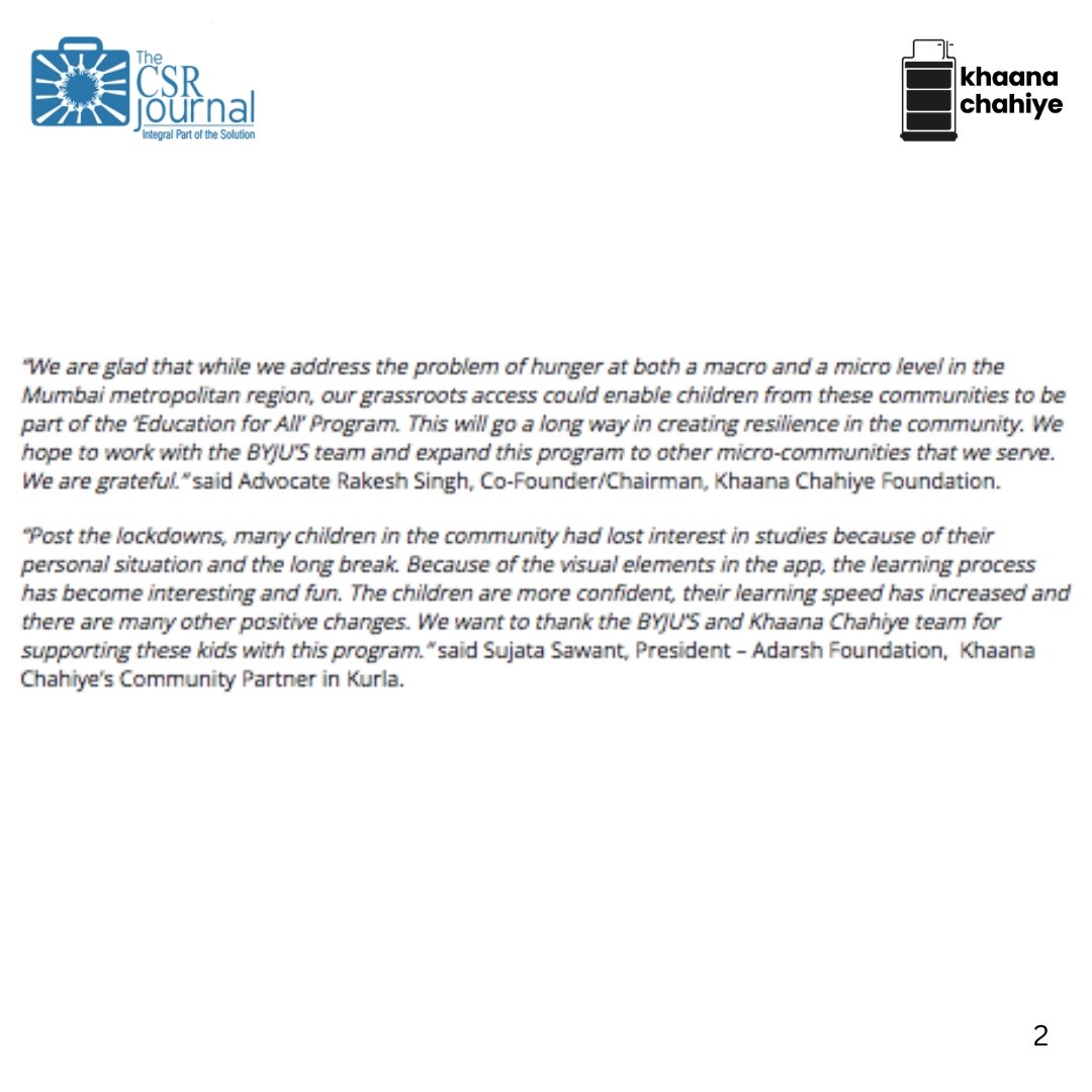 .<a href="/BYJUS/">BYJU'S</a> Education For All and Khaana Chahiye Foundation come together to provide digital learning solutions to underprivileged children in Mumbai - <a href="/thecsrjournal/">The CSR Journal</a> 

Read more - thecsrjournal.in/csr-byjus-educ…

<a href="/khaanachahiye/">Khaana Chahiye Foundation (KCF)</a> <a href="/ADARSHFOUNDATI2/">ADARSH FOUNDATION</a>
#Mumbai #EducationForAll