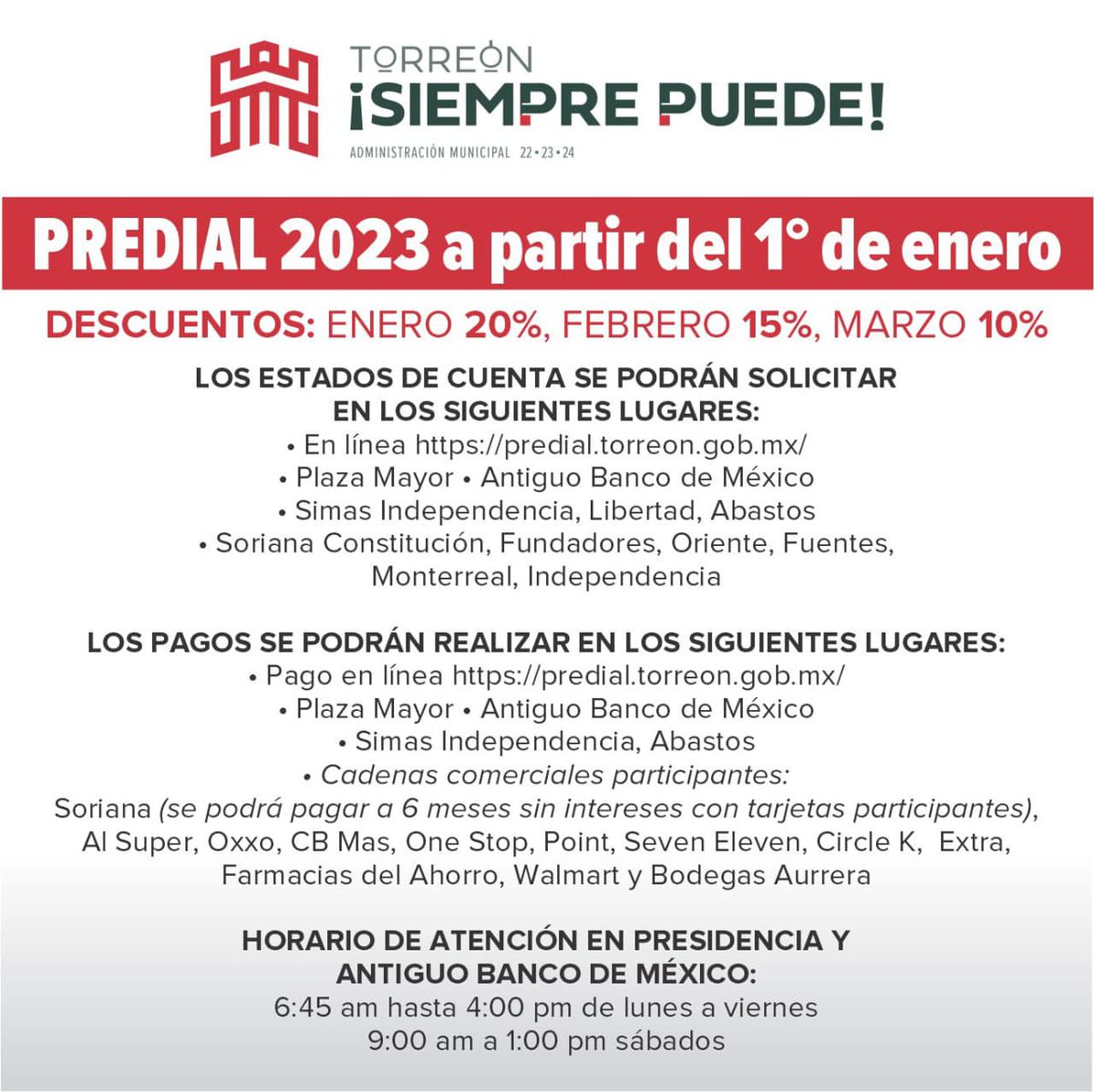 #Entérate de los lugares y horarios para realizar el pago del PREDIAL 2023.

#TorreónSiemprePuede