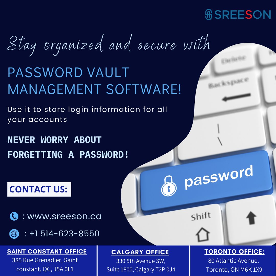 SreesonCanada's tweet photo. #Stayorganized and secure with a #passwordvault management #software! Use it to #storelogin information for all your #accounts and never worry about #forgettenpassword again. https://t.co/7HnFoeqpER
#cybersecuritytips #cybersecurity #passwordsecurity #datasecurity #CyberSafety https://t.co/DaxQtiJGQr