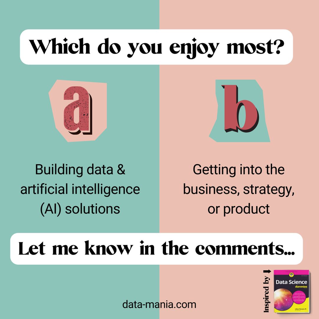 Strategy_Gal's tweet image. When it comes to data science what do you enjoy most❓

A) building data and artificial intelligence (AI) solutions
B) getting into the business, strategy, or product

Take the quiz: bit.ly/3GBZi5U
#DataLeader #DataImplementor