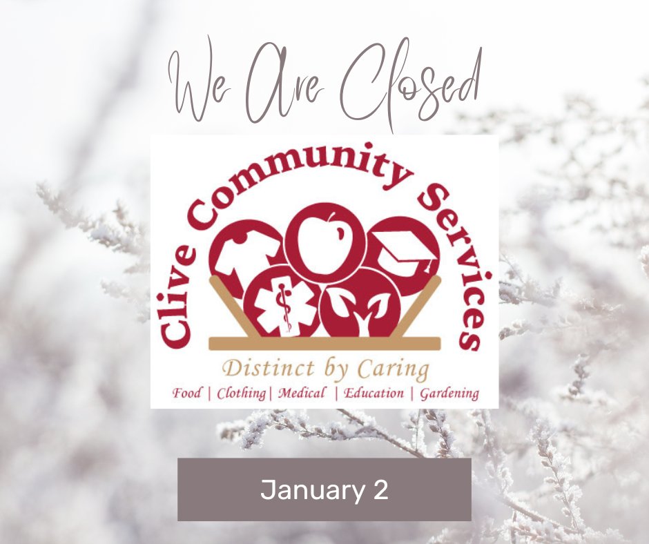Reminder that we are closed today, Monday, January 2.
Donations will be accepted Wednesday, 9:30-2:30 and Friday 9-12.
Food pantry and clothes closet will open Friday, 9 to 12.
Clinic will open next Monday, January 9. Patient registration is from 5-7pm; patients seen 5:30-7:30.
