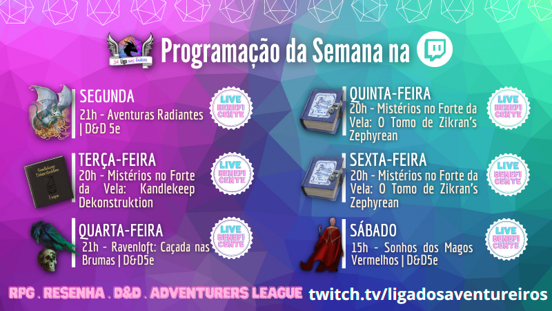 ligaventureiros's tweet photo. Bom dia! A Programação da primeira semana do ano tá como a gente quer 2023, cheia de RPG! Confira os dias e horários abaixo e cola lá na https://t.co/lKbnY8W9fz .
>>
@patlbrito @inabotelho Priscila Dattoli Mauricio Helton Lila @bellamoscovitz @Eddson_Jr @DnD_AdvLeague #dnd5e #RPG https://t.co/bXtW6FVQ5t