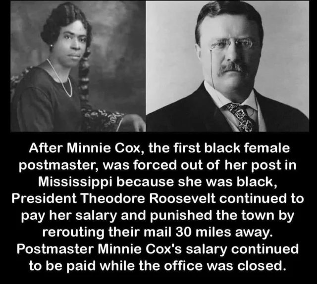 120 yrs ago today, after a white mob demanded the firing of Black postmaster Minnie Cox, #POTUS Teddy Roosevelt shut down the Indianola, Mississippi, post office &amp; continued to pay her salary. The post office now bears her name. #MondayMotivation #history facebook.com/jerrymitchellr…