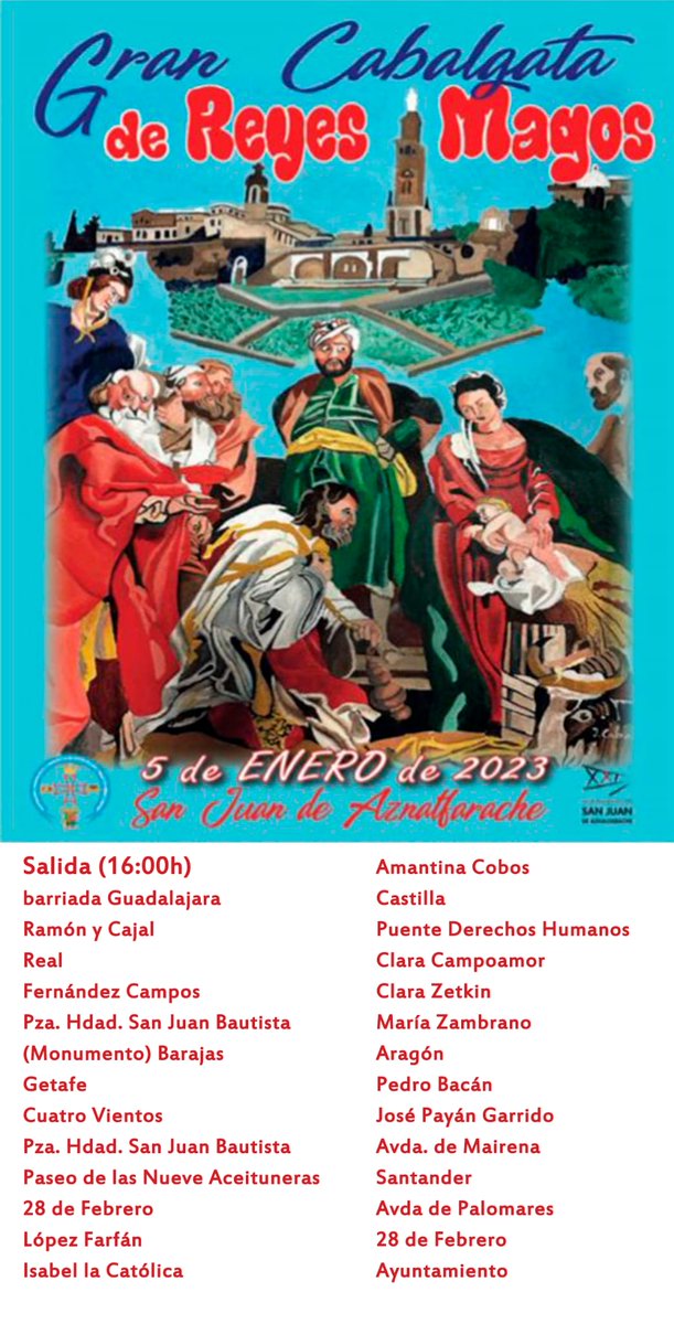 Recorrido de la Cabalgata de Reyes Magos en San Juan del próximo 5 de enero 

Vive la ilusión del día más mágico del año por las calles del municipio.

Desde las 16.00 horas

ayto-sanjuan.es/es/actualidad/…