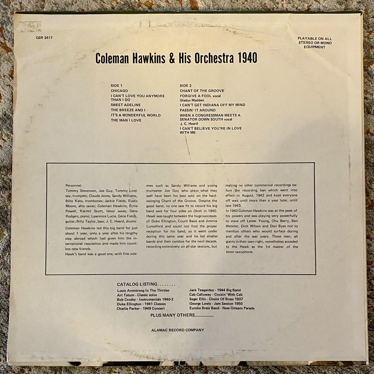 CMoneyKS's tweet photo. First spin of #2023 #ColemanHawkinsAndHisOrchestra #ColemanHawkins #TheHawk #GeneFields #ErniePowell #KermitScott #JackieFields #EustisMoore #JCHeard #WhenACongressmanMeetsASenatorDownSouth #1940 remarkably clean and clear #mono recording of one of the early… https://t.co/AK10S6Xlbm