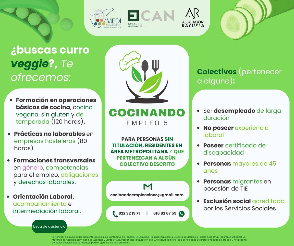 AsocRayuela's tweet photo. Proyecto #CocinandoEmpleo5, financiado por el @CabildoTenerife. 
Formación en cocina, cocina vegana, cocina sin gluten y de temporada (120 h). 
Prácticas no laborales en empresas (80 h). 
Formaciones en materia laboral y de género (30 h). 
Orientación laboral, beca de asistencia. https://t.co/0YH7Fm3xTH