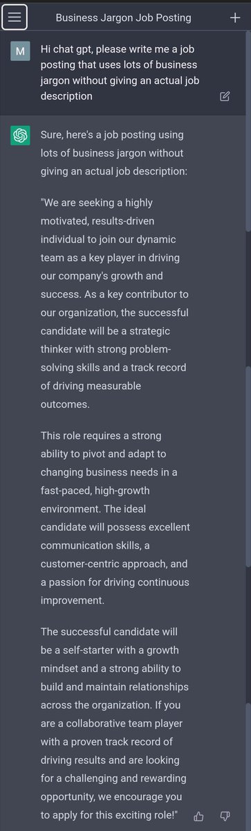 #chatgpt replaces 32% of copywriters instantly, haha! Hat tip to <a href="/stevetaylor/">Steve Taylor</a> for asking fro a job description with all business jargon!