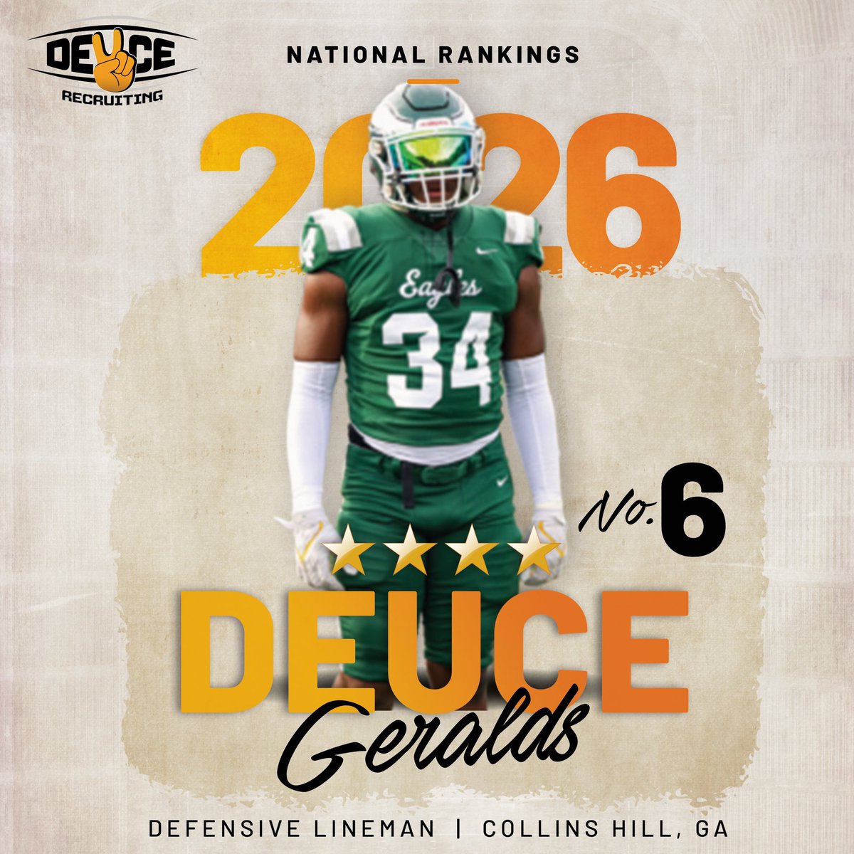 Congrats to <a href="/DeuceGeralds/">Daverin “Deuce” Geralds II</a> on being ranked a 4⭐️ &amp; the #2 DL (#6 overall) by <a href="/deucerecruiting/">Deuce Recruiting✌️</a> for the class of 2026! Full rankings out at ✌️✌️✌️! #classof26 <a href="/CHHS_Sports/">AD@TheHill</a> <a href="/CHHSEaglesFB/">CHHS Football</a> <a href="/collinshill/">Collins Hill High</a> <a href="/CoachBeck56/">CORY BECK 🦅🏈</a> <a href="/Mhoward38/">Marcus Howard</a> <a href="/Alex_B2C/">Alex Born to Compete</a> <a href="/coachdowns_gary/">Gary Downs</a>