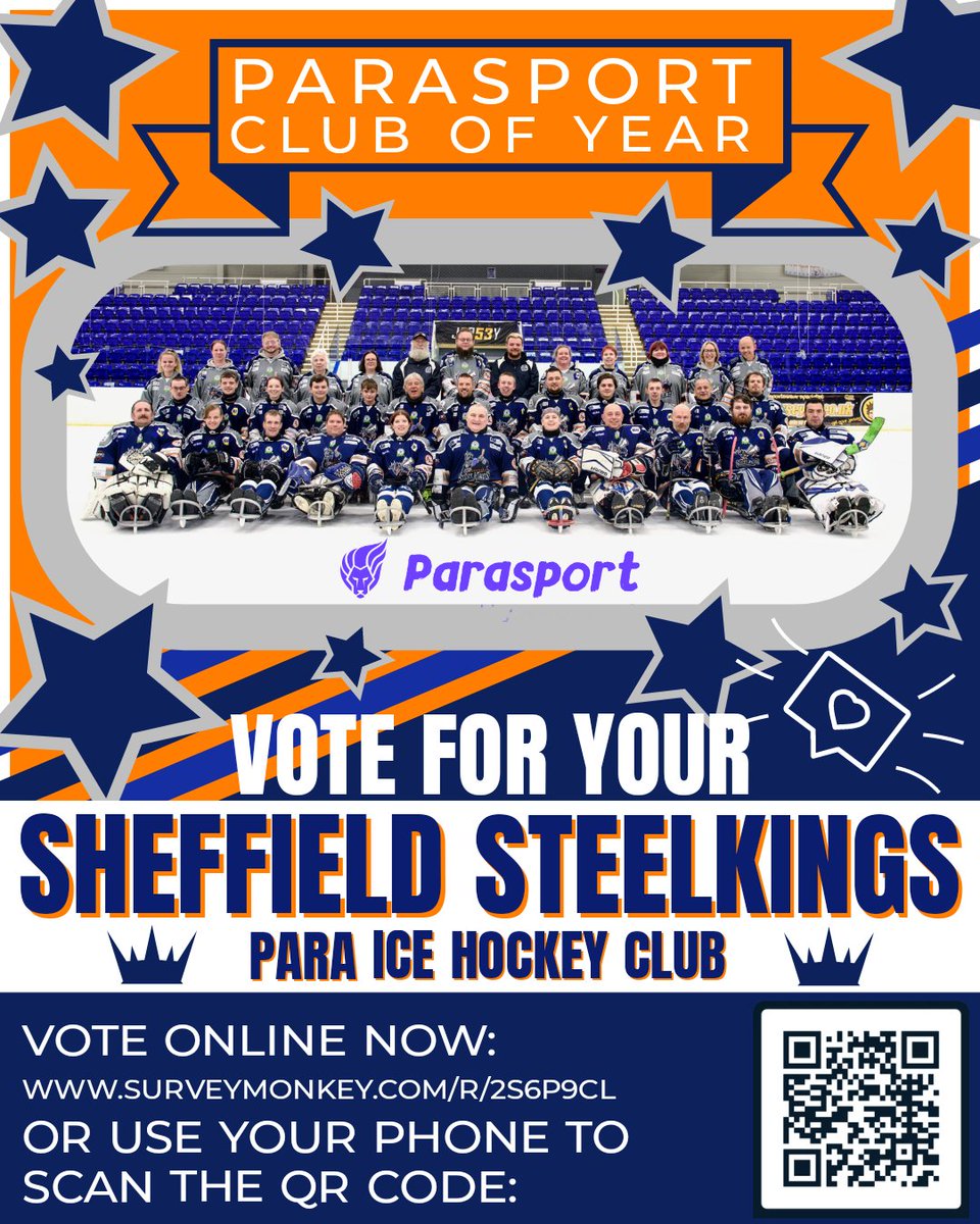 There's not long to go before voting closes for the @Parasportuk Club of the Year!

If you haven't yet, please consider voting for your #SheffieldSteelkings 

surveymonkey.com/r/2992PGX

We really appreciate it!

#HailToTheKings 👑
#ParaIceHockey #HockeyIsForEveryone #HockeyFamily