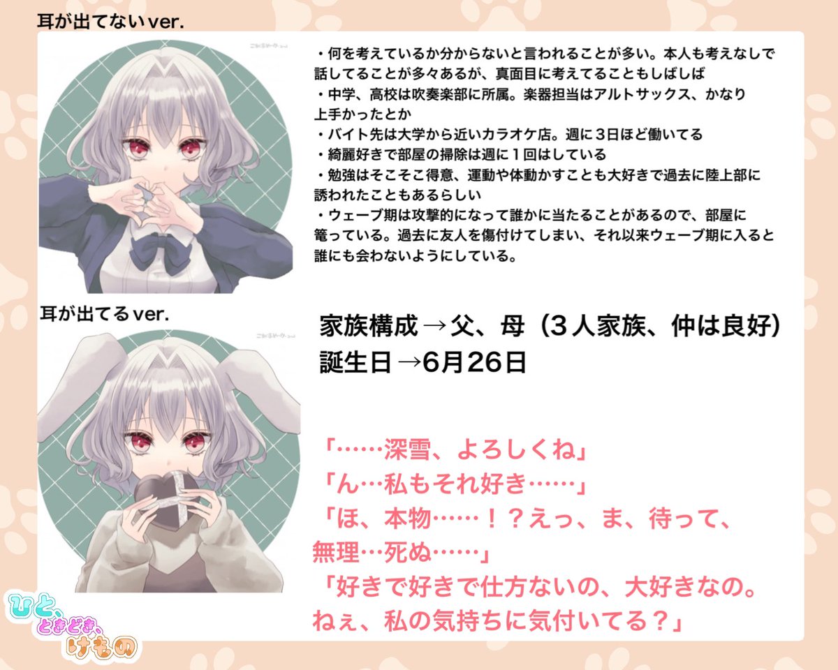 cheese_sousaku2's tweet photo. 【@hito_kemo 】こちらの素敵な企画に12人目失礼します！
推しのことになると限界オタクになるうさぎのアニマ🐰

事前で関係いくつか頂いてます！それ以外は真っさらなので仲良くしてくれたら嬉しいです！
よろしくお願いします🫶💕
#ひとけも_CS
#ひとけも_アニマ https://t.co/YT8zlYGUaV