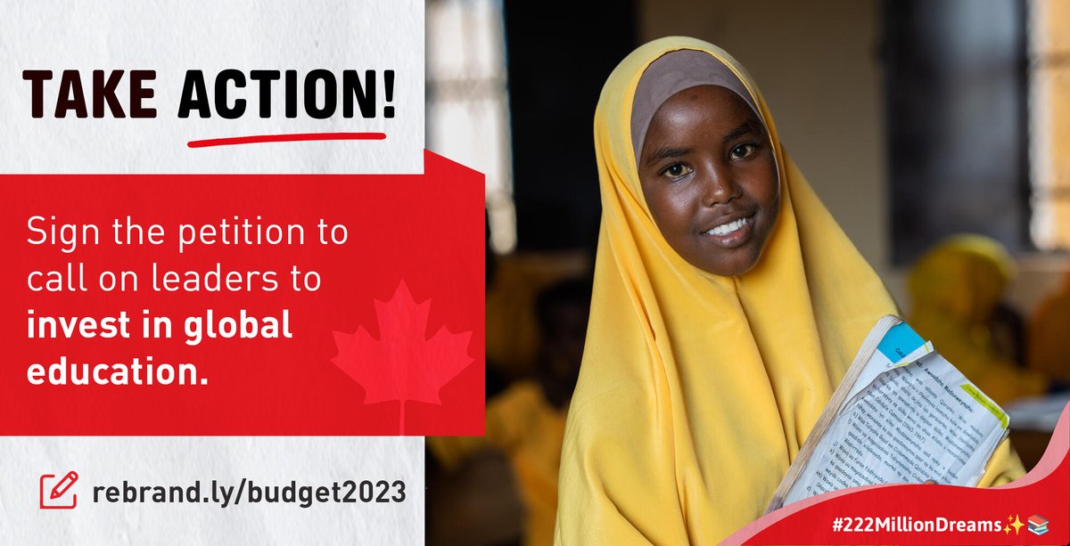Education Cannot Wait (@educannotwait) on Twitter photo 222M children need urgent #education support in the 🌎's most volatile regions!
Sign✍️the petition to call on leaders to invest in global education👉rebrand.ly/budget2023
#KeepThePromise🇨🇦 <a href="/JustinTrudeau/">Justin Trudeau</a> <a href="/HarjitSajjan/">Harjit Sajjan</a> @CAFreeland <a href="/UN/">United Nations</a> <a href="/CanadaDev/">Development Canada</a> @SIDA #222MillionDreams✨📚 222M children need urgent #education support in the 🌎's most volatile regions!
Sign✍️the petition to call on leaders to invest in global education👉rebrand.ly/budget2023
#KeepThePromise🇨🇦 <a href="/JustinTrudeau/">Justin Trudeau</a> <a href="/HarjitSajjan/">Harjit Sajjan</a> @CAFreeland <a href="/UN/">United Nations</a> <a href="/CanadaDev/">Development Canada</a> @SIDA #222MillionDreams✨📚