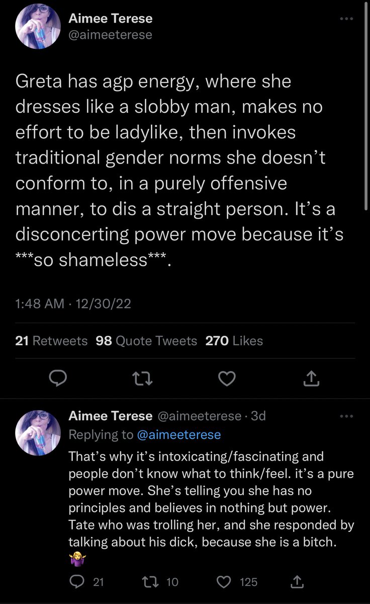 WreckerCaucus's tweet photo. The Brownshirt Babadook has regained her account in time to defend Andrew Tate. https://t.co/lm0Hf0jkqb