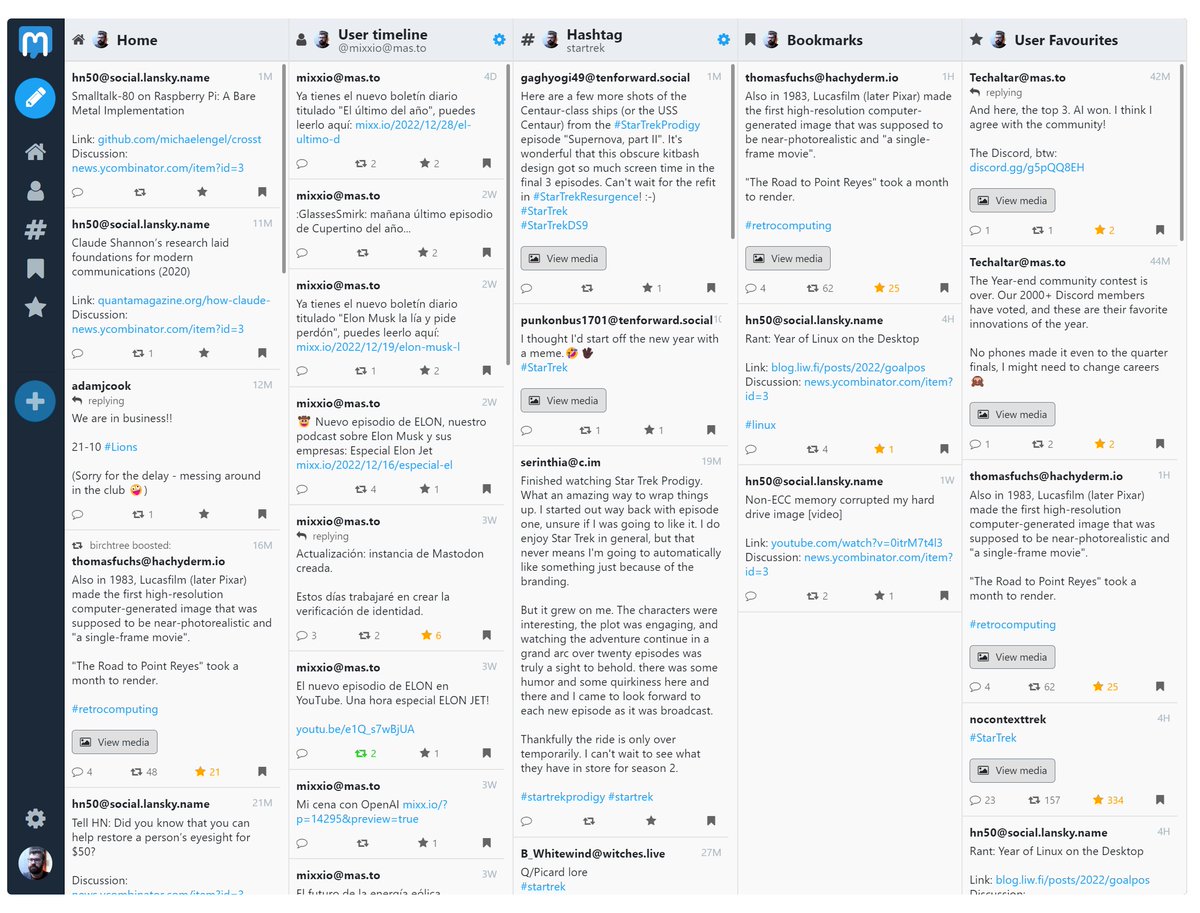somospostpc's tweet photo. I have been working on https://t.co/oRoeXkKWPY - an advanced fully customizable web client for Mastodon.

It's in closed beta, but it works great both on desktop and mobile.

If you want to try it and give feedback, please email me alex@barredo.es https://t.co/rU4TMDO8YX
