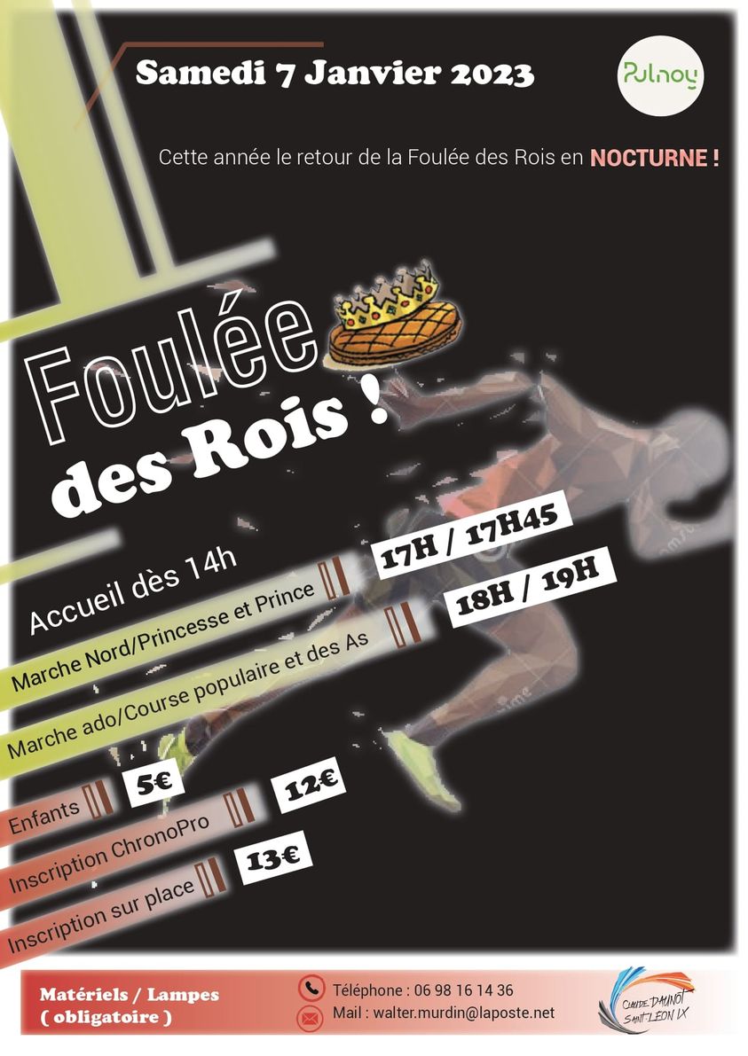#FouleeDesRois

Besoin d'un bon décrassage après les fêtes ? 
Samedi 7/01, c'est la Foulée des rois à #Pulnoy. 
Plusieurs parcours adaptés, un tracé en nocturne...
Les inscriptions c'est ici 👉 chronopro.net/produit/les-fo…
#running #sport