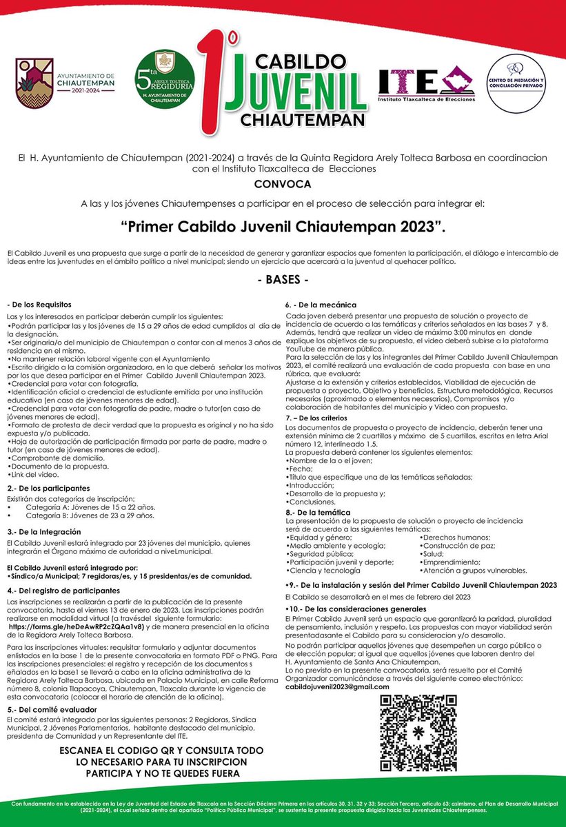 cemecop's tweet photo. Las y los invitamos a participar en el "Primer Cabildo Juvenil Chiautempan 2023". Aún están a tiempo. https://t.co/hN5aUkVD1t