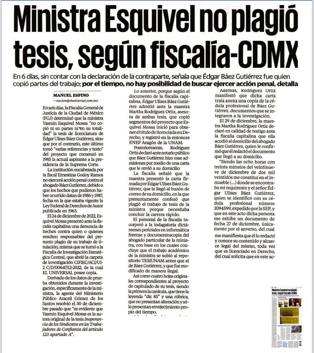 Exoneró la fiscalía de la CDMX a “la ministra”en seis días.

Sin citar al plagiado, a las autoridades de la facultad, las de la rectoría de la UNAM, a nadie.

Si, la misma fiscalía que no detuvo a nadie por las 26 personas muertas en la tragedia de la línea 12.

Vaya cinismo.