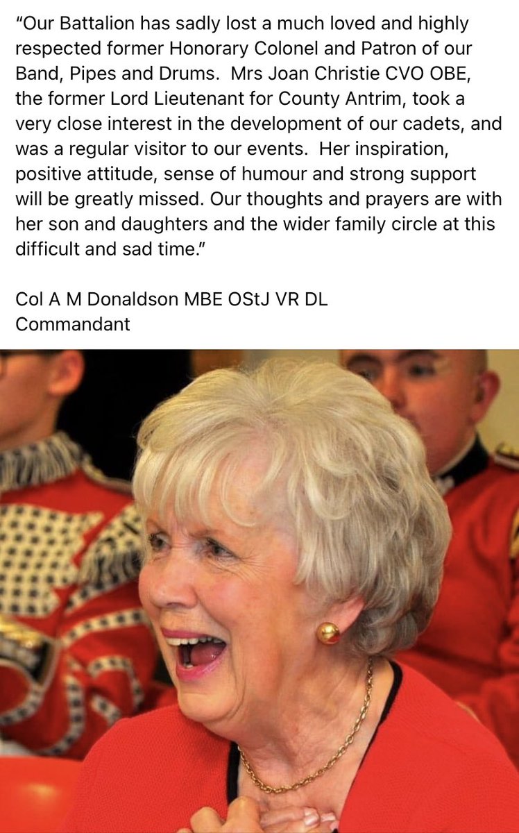 Message from our Commandant Col A M Donaldson MBE OStJ VR DL on the passing of our former Hon Col Mrs Joan Christie CVO OBE #cadets1ni @rfca @DComdtEast1NI @DComdtEast1NI