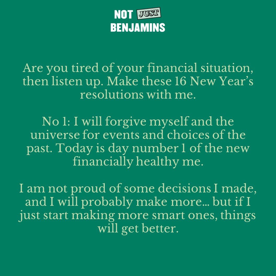 ntjustbenjamins's tweet photo. 2023 Resolution No 1: I Will Forgive Myself For Prior Sins.
#notjustbenjamins #benjamins #money #finance #millionaire #budgeting #savingmoney #debit #credit #investing #resolutions #forgiveness #newyearresolutions #forgivemyself #financiallyhealthy #financialsituation #dayone https://t.co/AMHQPn4LID
