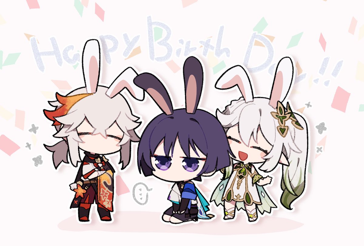 kaedehara kazuha ,nahida (genshin impact) ,scaramouche (genshin impact) animal ears 1girl multiple boys rabbit ears 2boys no mouth bangs  illustration images