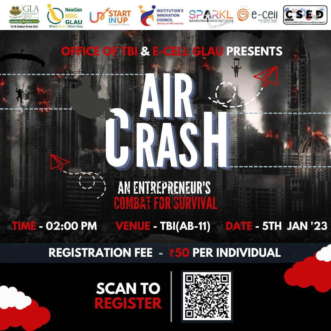 ecell_glau's tweet photo. Mayday!!
Flight ENTR2023 to Innovatia is about to crash. Passengers are requested to grab their parachutes and prepare to jump out.
Date:05th January 2023
Venue:TBI AB-11 CSED Building
Timings:02:00 PM Onwards 
Registration fee:₹ 50/team
Registration Link:https://t.co/TeMFOvORLO https://t.co/FpDAHzz9RW