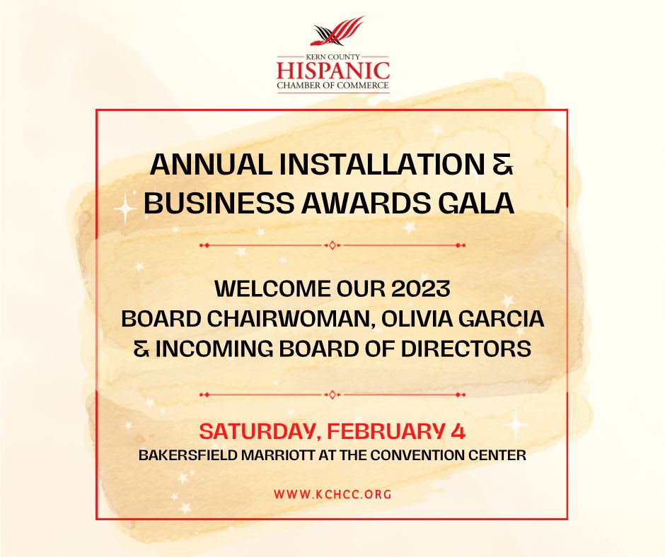 🗓️ MARK YOUR CALENDARS 

38th Annual Installation and Business Awards Gala

Saturday, February 4, 2023
Bakersfield Marriott at The Convention Center

Join us as we welcome our 2023 Board Chairwoman, Olivia Garcia &amp; our incoming Board of Directors.