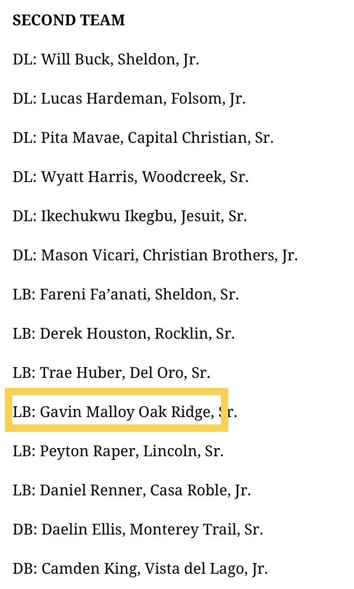 GavinMolloy7's tweet image. Thank you @SacBee_JoeD  and @sacbee_news  for naming me 2nd Team All Metro at Linebacker for my Jr Season.  This was my first season playing LB and I appreciate the notice.

@ORHS_Football @coachtoakridge