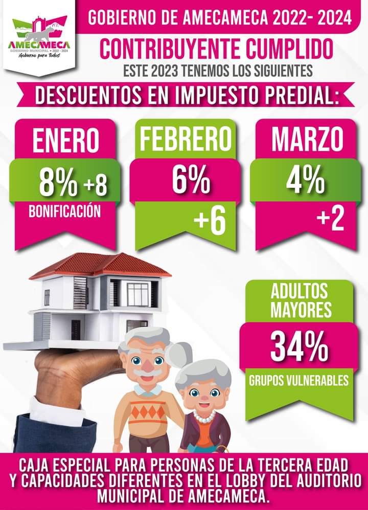 amecameca2025's tweet photo. #PagoPredial I 🏡💰
Contribuyente cumplido, realiza tus pagos a tiempo y obtén grandes descuentos.
#AdultosMayores y #PersonasVulnerables obtendrán descuento de hasta el 34% y contarán con #CajaEspecial que estará ubicada en las instalaciones del #AuditorioMunicipal. 👵🏻👴🏼 https://t.co/3aUs4M3aDL