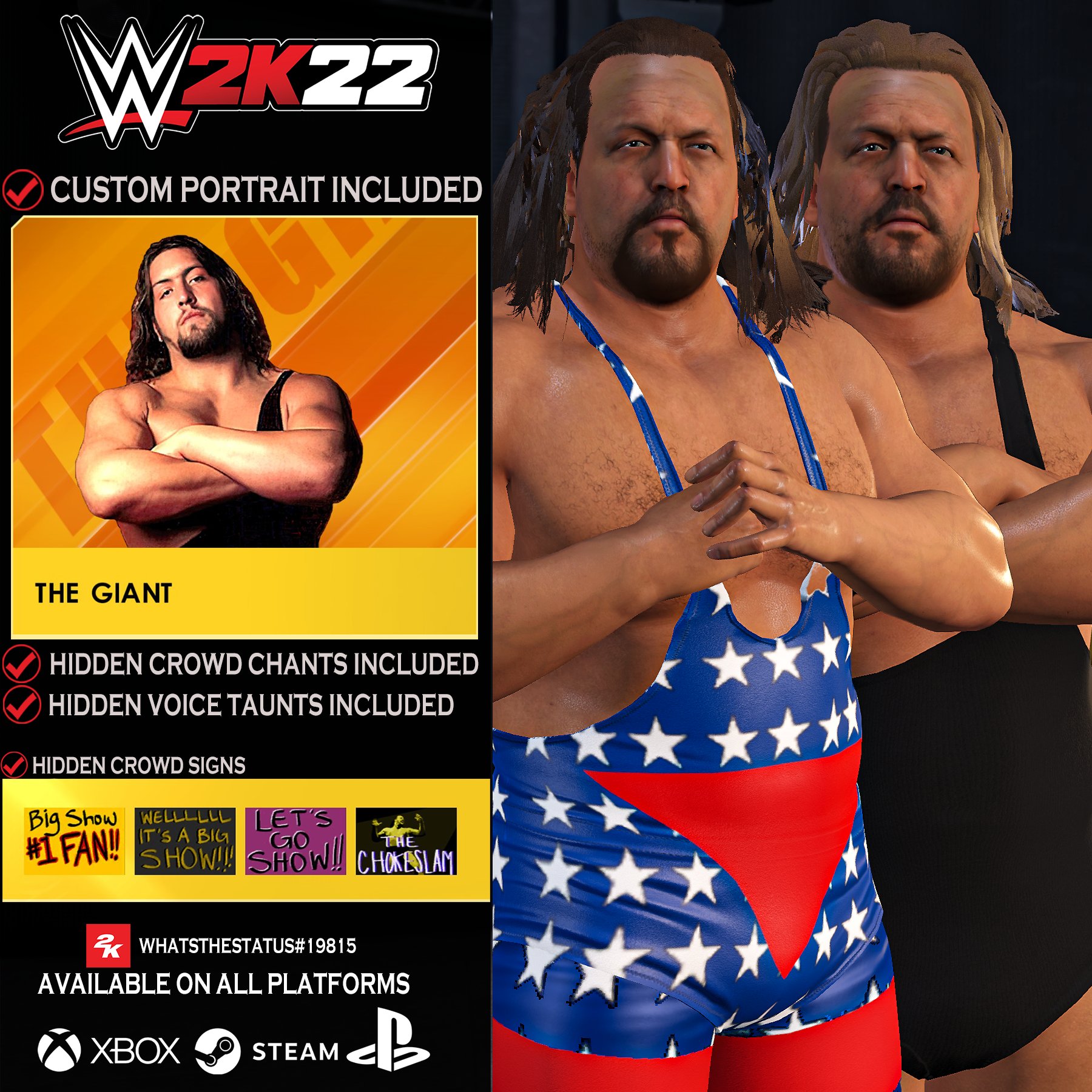 𝕾𝖙𝖆𝖙𝖚𝖘™ on X: Big Show '08 NOW AVAILABLE IN #WWE2K22 ◇ Hidden Crowd  Signs Included. ◇ Height Mod to Match Andre The giant Size. ◇ Search  STATUSTEMP226  / X