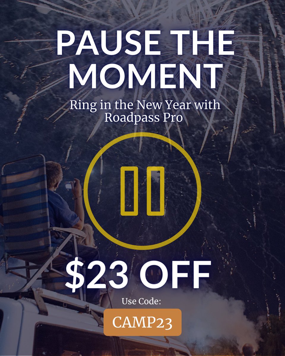 Save big in the New Year! 🥳

Take $23 off of Roadpass Pro with code CAMP23 at roadpass.com/pause. 

❓Do you plan on camping in 2023?

------
#campendium #campinglife #campingtrip