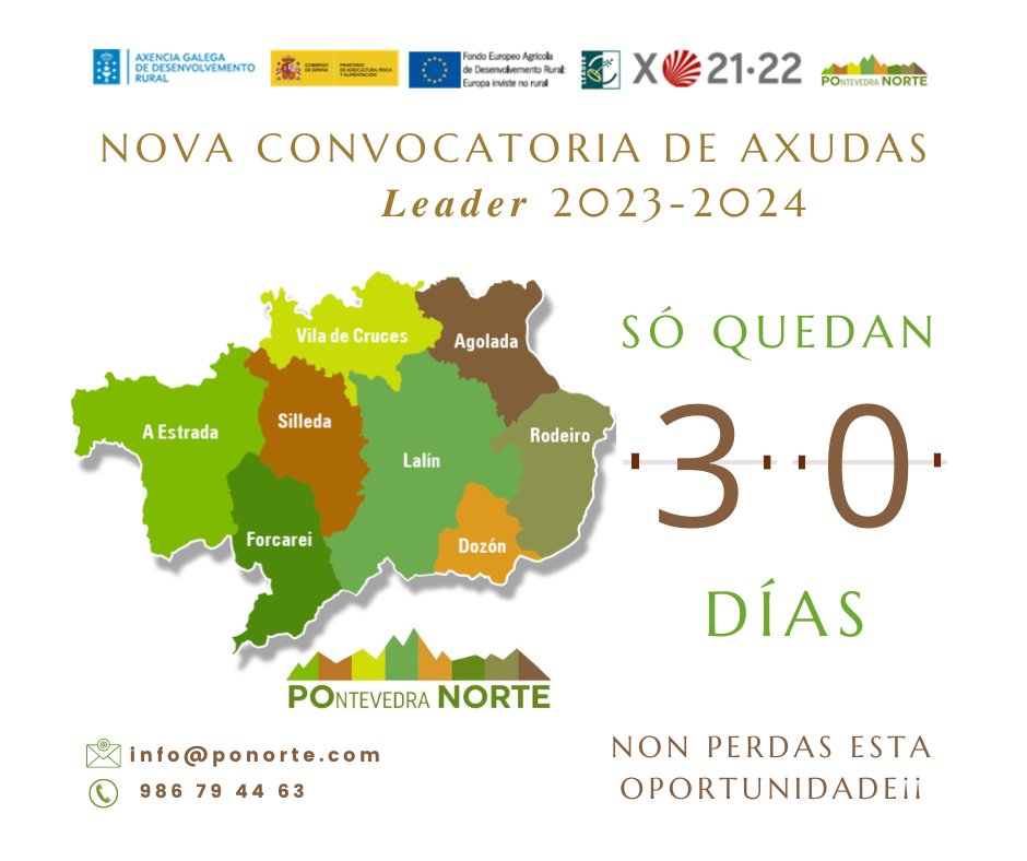 👉 Desde hoxe ata final de mes tes a oportunidade de facer realidade o teu proxecto  nesta nova convocatoria Leader 2023-2024 para o financiamento de proxectos no noso territorio. 

#IdeandoFuturo #ConstrúeConNós #Ponorte #DesenvolvementoRural  #ÚneteANós #gdr16 #LEADER #Agader