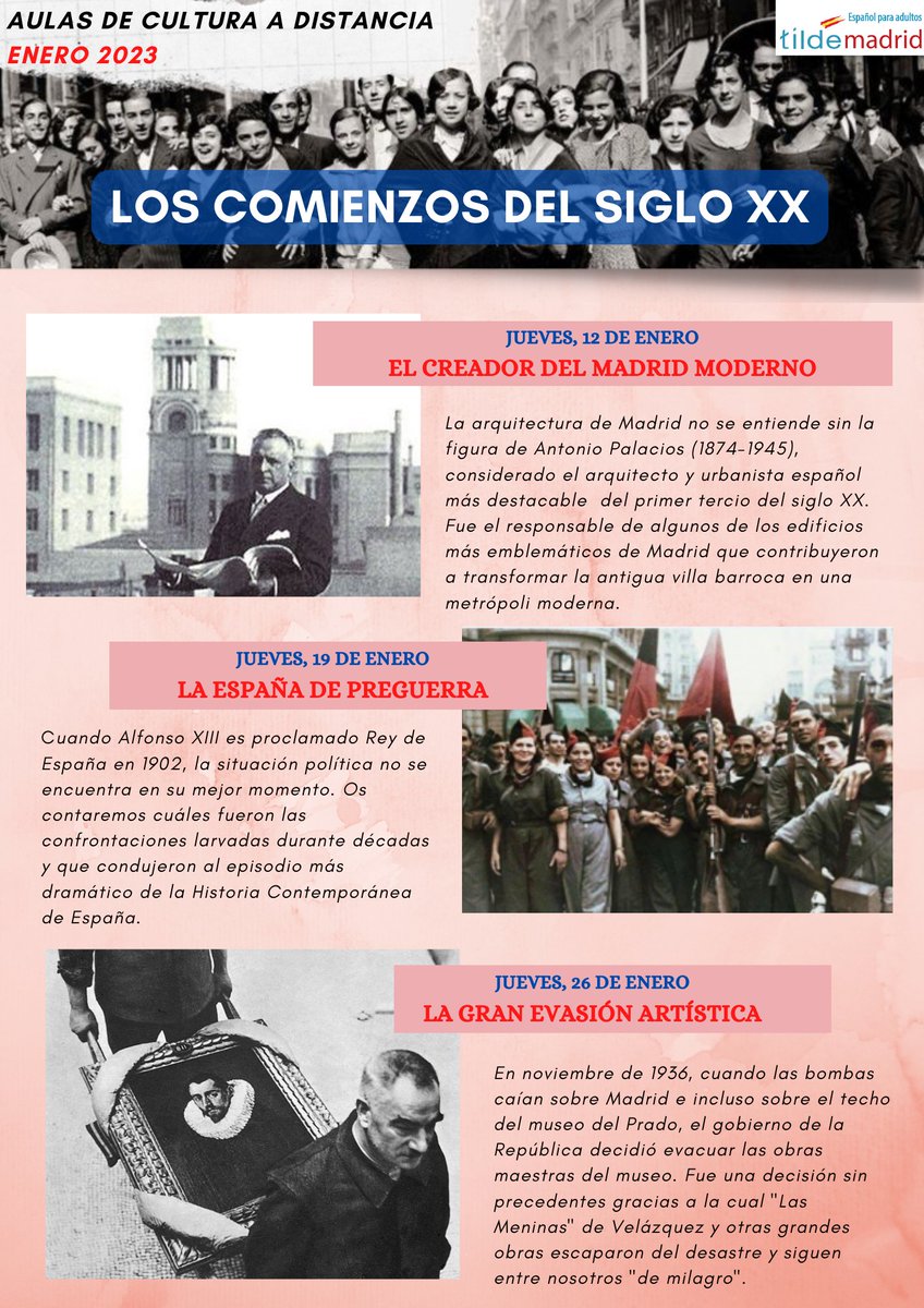 ¡VUELVE EL PROGRAMA CULTURAL A DISTANCIA PARA APRENDER ESPAÑOL!
Tras la pausa navideña y con las ilusiones puestas en el nuevo año 2023, este mes de enero retomamos el programa cultural a distancia. Nivel recomendado A2.  Para más info, escríbenos a info@tildemadrid.com