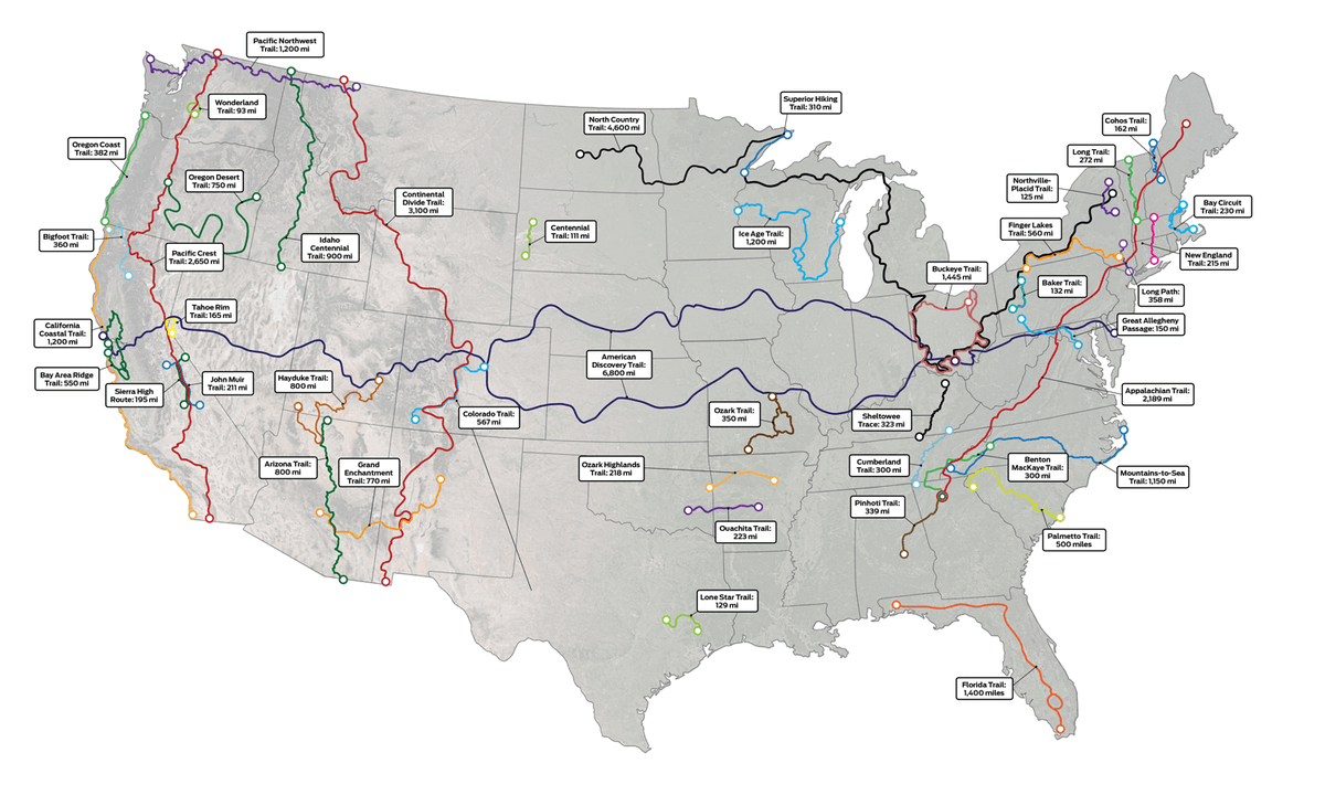 MapPornTweet's tweet photo. The Major Long Distance Hiking Trails in #America https://t.co/A7Zl0VsReC #MapPorn https://t.co/4vxu6AEOUx