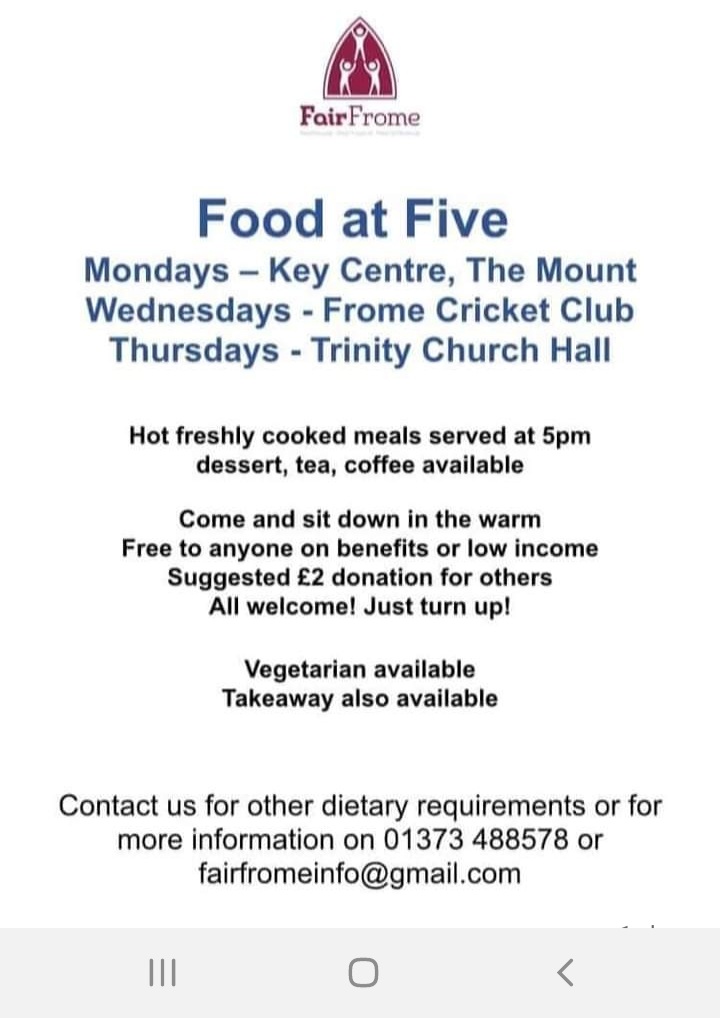 Food at Five on as normal tonight. A warm space, good company and a hot meal.